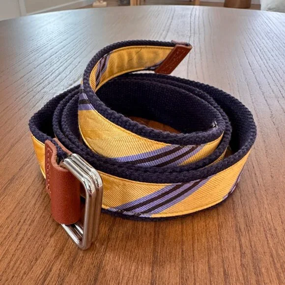 J. McLaughlin | Womens Large Ribbon Striped Satin Leather Belt D Ring 47" Yellow - Picture 2 of 3